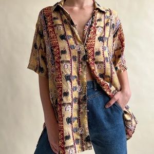 Bogari Vintage Abstract Silk Button Down Shirt M